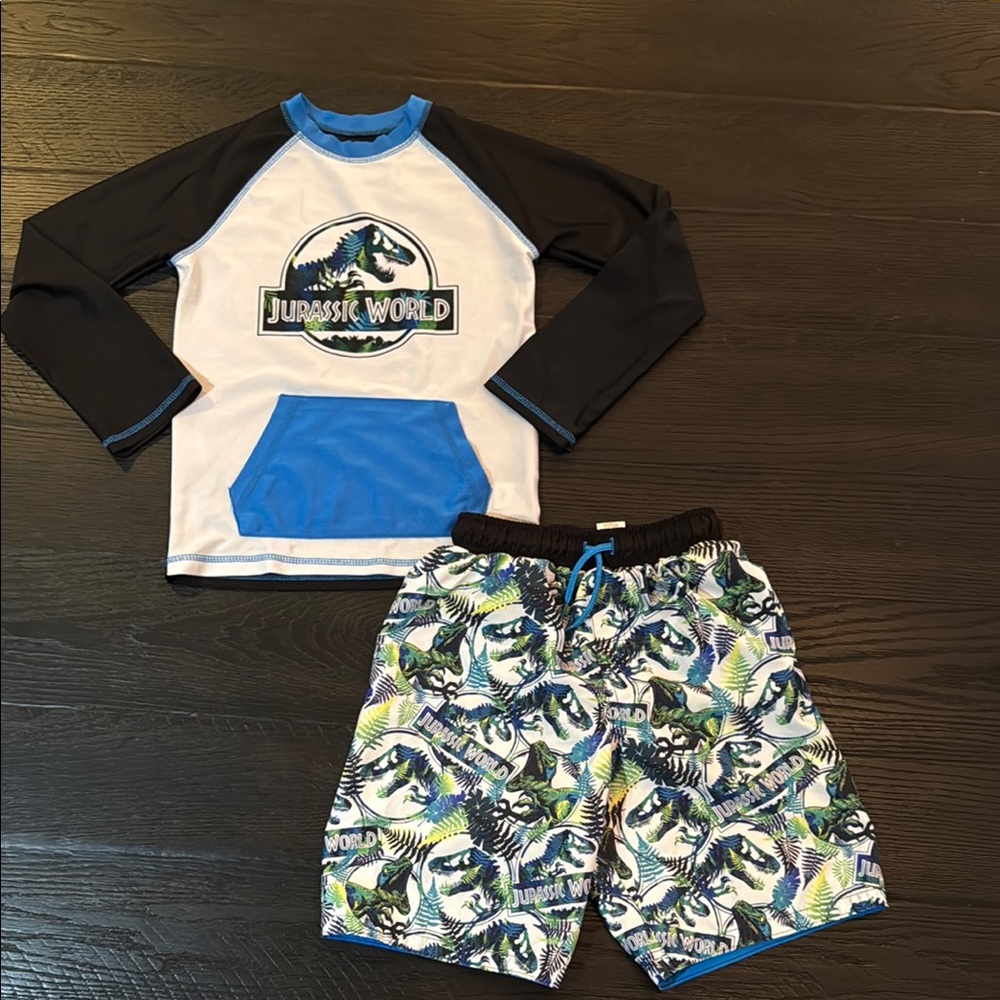 Jurassic World swim shirt and trunks